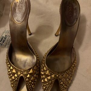 Gucci Gold Studded Peep Toe Slides size 9B